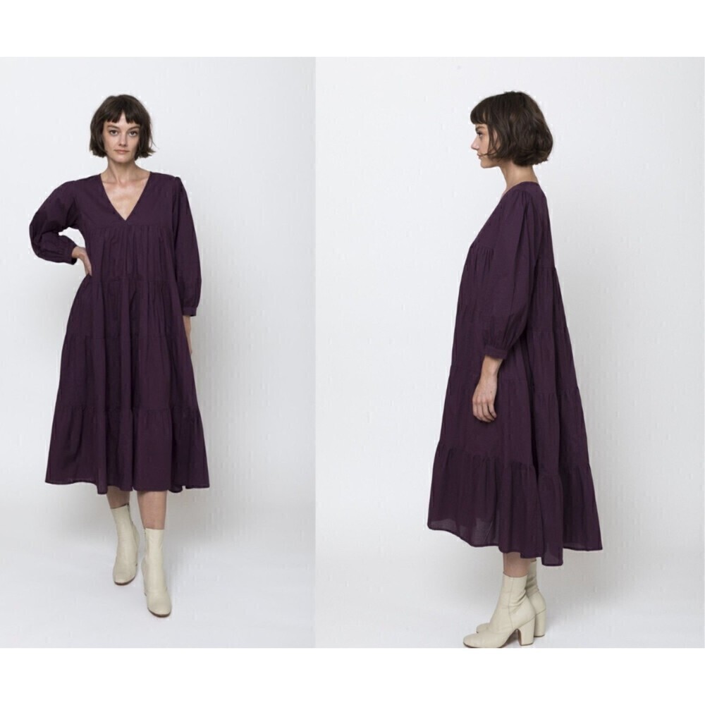 Mille Gemma Women Size XXS Purple Peasant Cotton Pullover Tiered Midi NEW Dress
